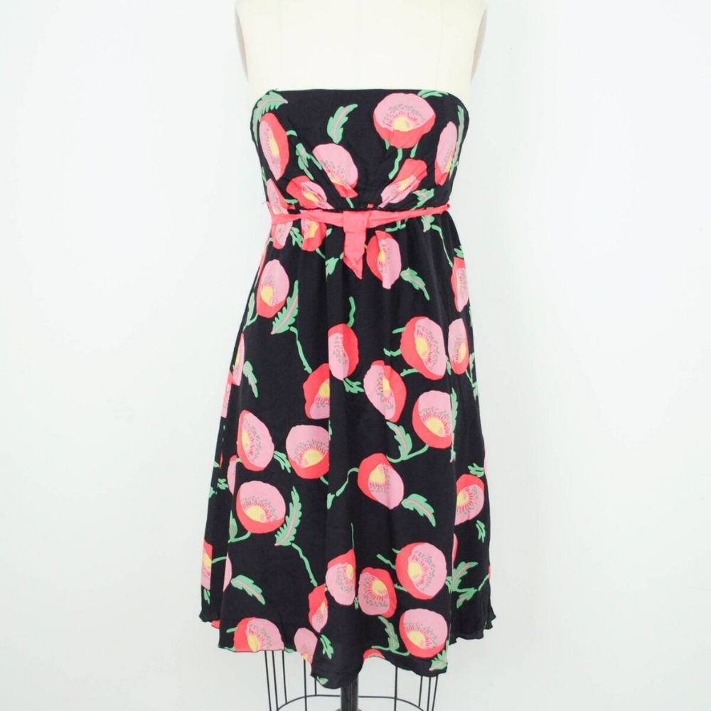 Anna Sui Anthropologie Womens Strapless Dress 2 Black Red Floral 100% Silk F17